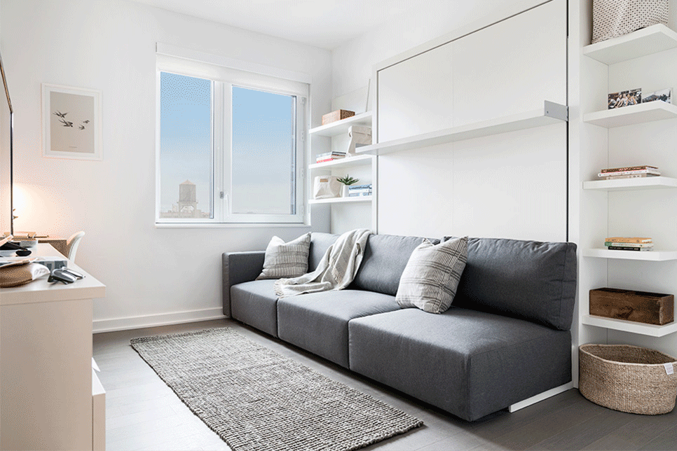 Animated GIF of Ollie bedroom showcasing murphy bed in open and closed positions