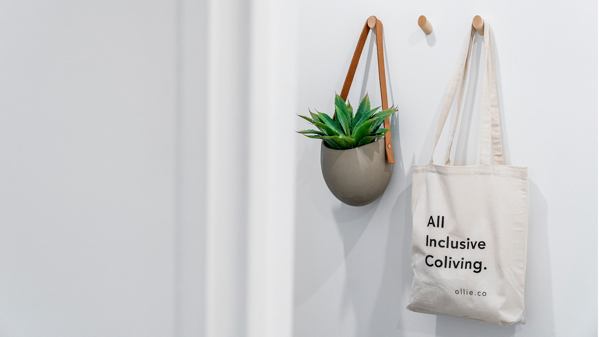 Wooden wall hooks with hanging plant and 'All inclusive coliving' Ollie tote